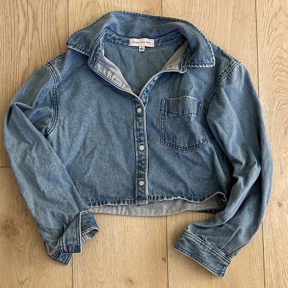 Something Navy Light Blue Denim Cropped Shirt Jacket - Picture 1 of 3